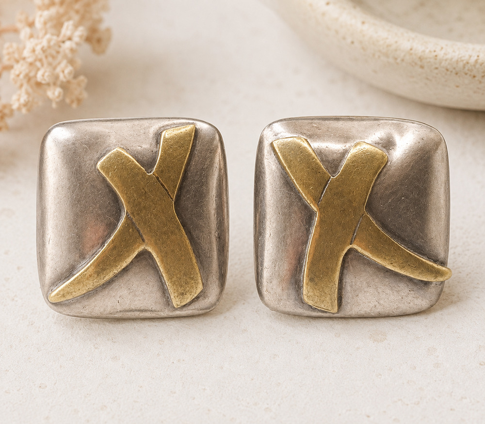 Vintage Taxco Mexico 925 Sterling Silver Two-Tone Clip-On Earrings TR-3R
